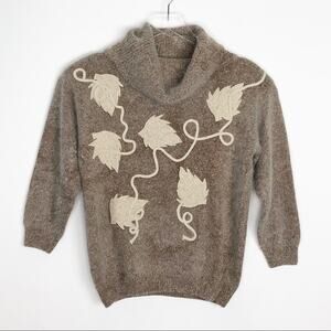 Vintage Silk and Angora Turtleneck Sweater Medium Appliques Neutral